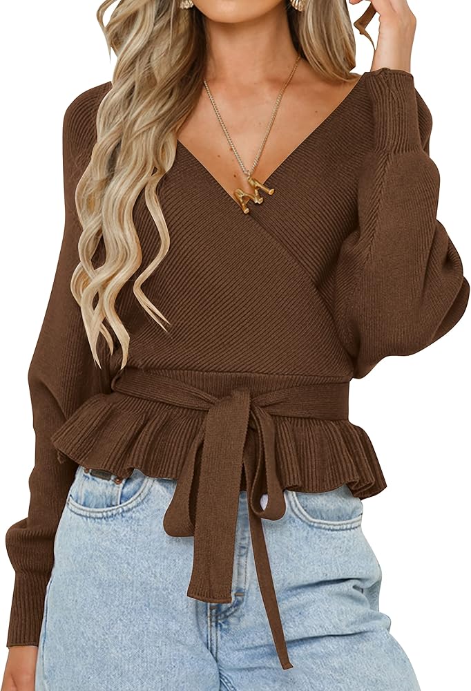 ZESICA Women's 2024 Fall Wrap V Neck Long Batwing Sleeve Belted Waist Ruffle Knitted Sweater Pullover Top