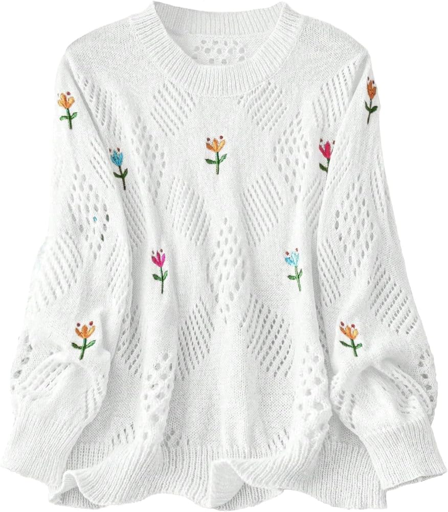 SHENHE Women's Plus Size Cute Floral Embroidered Crew Neck Pointelle Sweater Knit Top Pullover