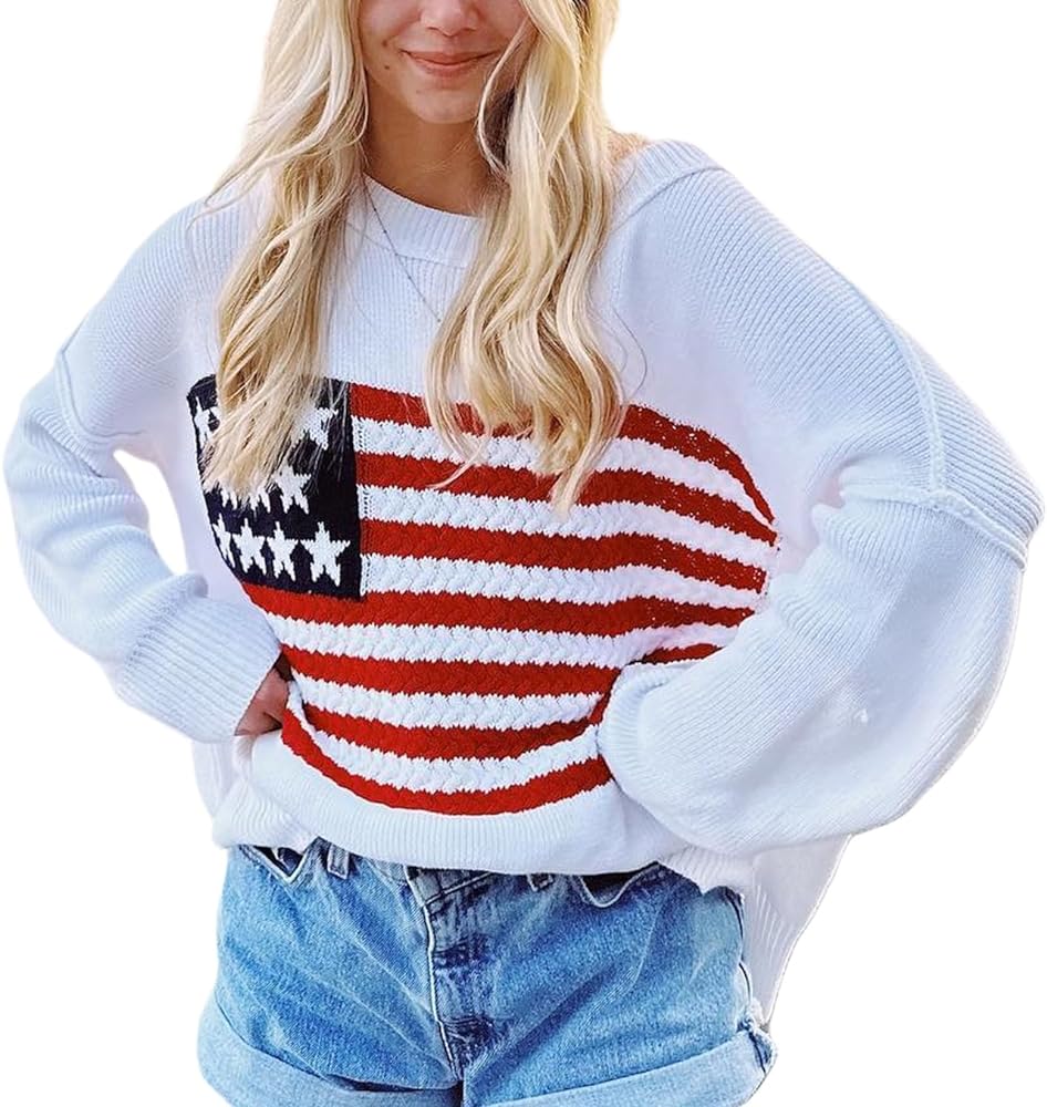 Women American Flag Sweater Vintage Print Long Sleeve Crewneck Knitted Jumper 90s Aesthetic Knit Pullover Streetwear