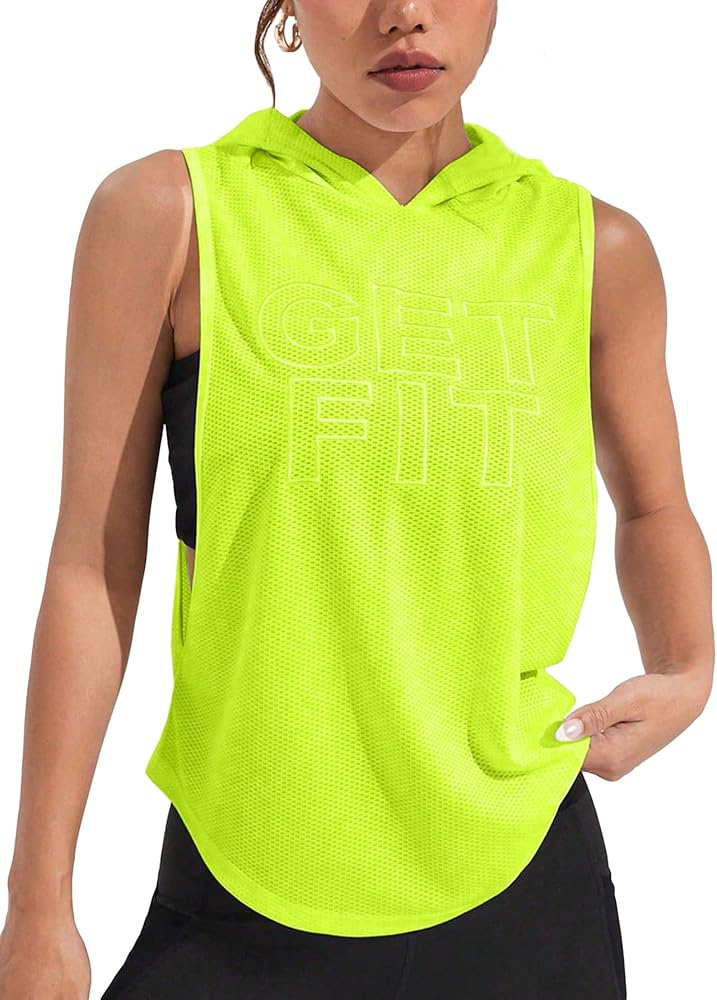 SweatyRocks Women's Activewear Letter Embroidered Sleeveless Hooded Sports Tank Top Sweatshirt