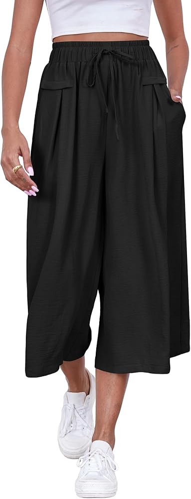 ZJCT Womens Capri Pants Summer Beach Pants Crop Wide Leg Palazzo Pants Casual Loose Lounge Flowy Capris with Pockets