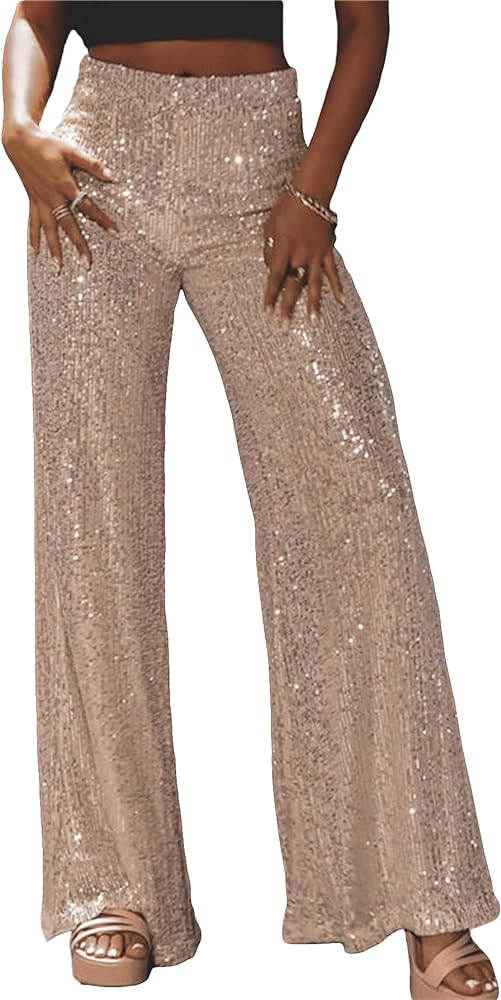 Kedera Womens Sequin Pants High Waist Glitter Bell Bottoms Sparkle Wide Leg Palazzo Flare Leg Pants Party Clubwear