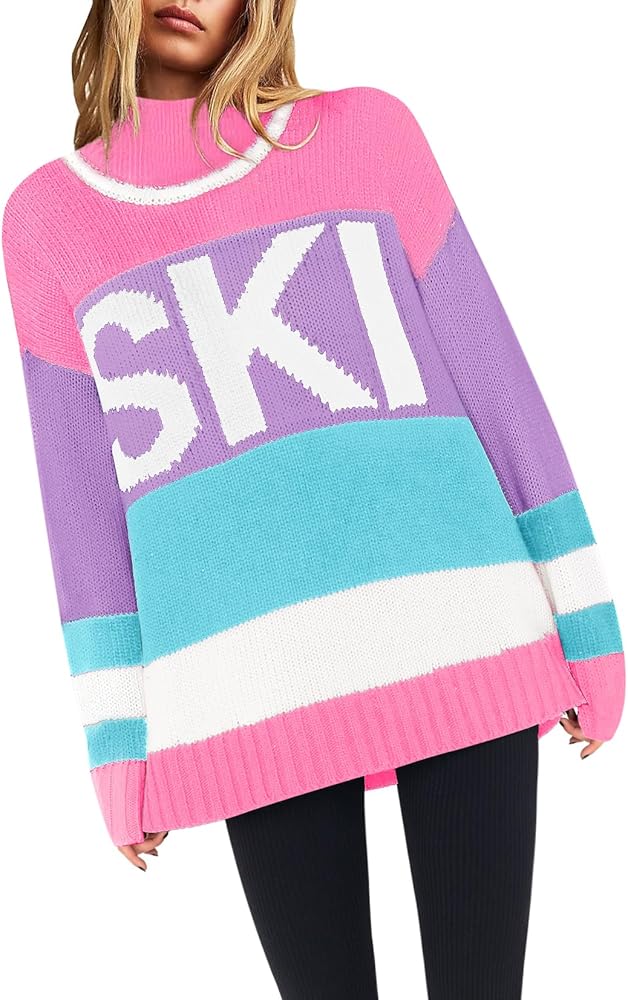 Yousify Womens Sweaters Fall 2024 Oversized Color Block Ski Sweater Crewneck Winter Tops S-2XL