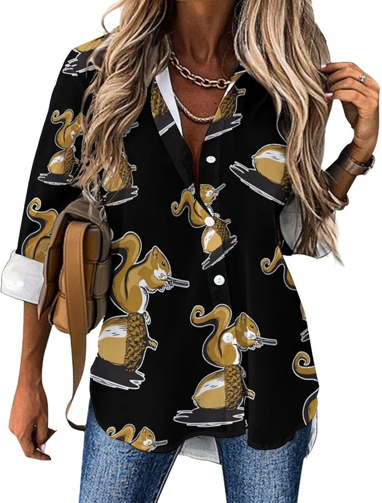 Nutty Squirrel Classic Shirts for Women Long Sleeve Blouse Casual V Neck Tee Tops Work Office