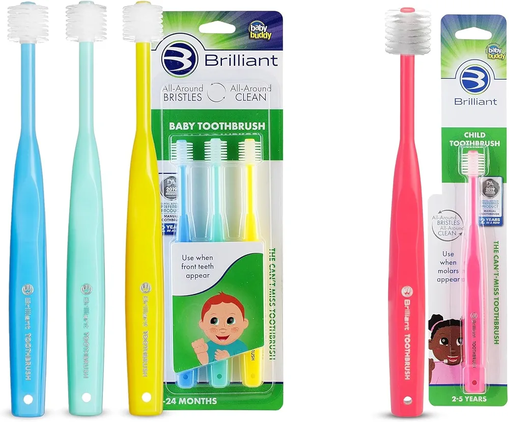 Brilliant Oral Care Bundle; 3 Pack of Baby Toothbrush - Blue Mint Yellow & 1 Pack of Child Toothbrush - Pink with Soft Bristles and Round Head