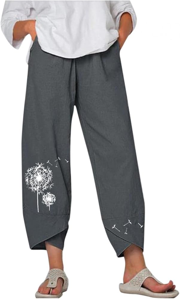 BEUU Capri Pants for Women Palazzo Lounge Pants Wide Leg Printed Cropped Bottoms Baggy Trousers Sweatpants with Pockets