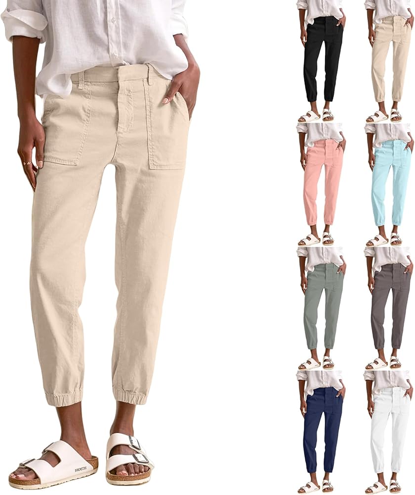 Women Linen Joggers Casual Cropped Linen Pants High Waisted Tapered Leg Jogger with Pockets Ankle Length Chino Pants