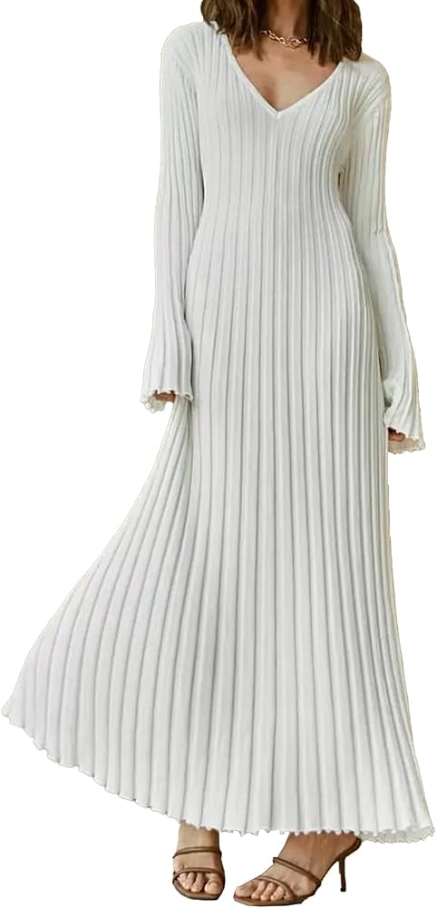 ECDAHICC Women's Sexy Ribbed Knit Sweater Dress Casual Long Sleeve V Neck Bodycon Pleated A Line Long Dress Streetwear