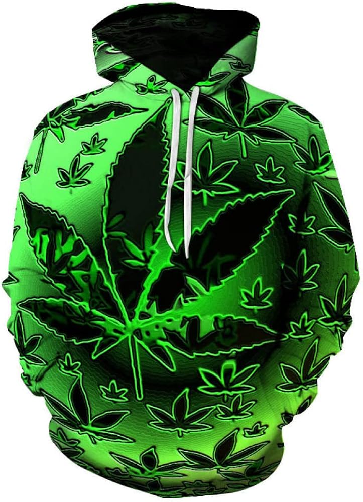 Hoodies for Women, Unisex Pullover Sweatshirt Fashion Creative Geometric Green Hemp Leaf Weed 3D Print Autumn Winter Casual Loose Drawstring Long Sleeve Graphic Tops with Pocket, Small