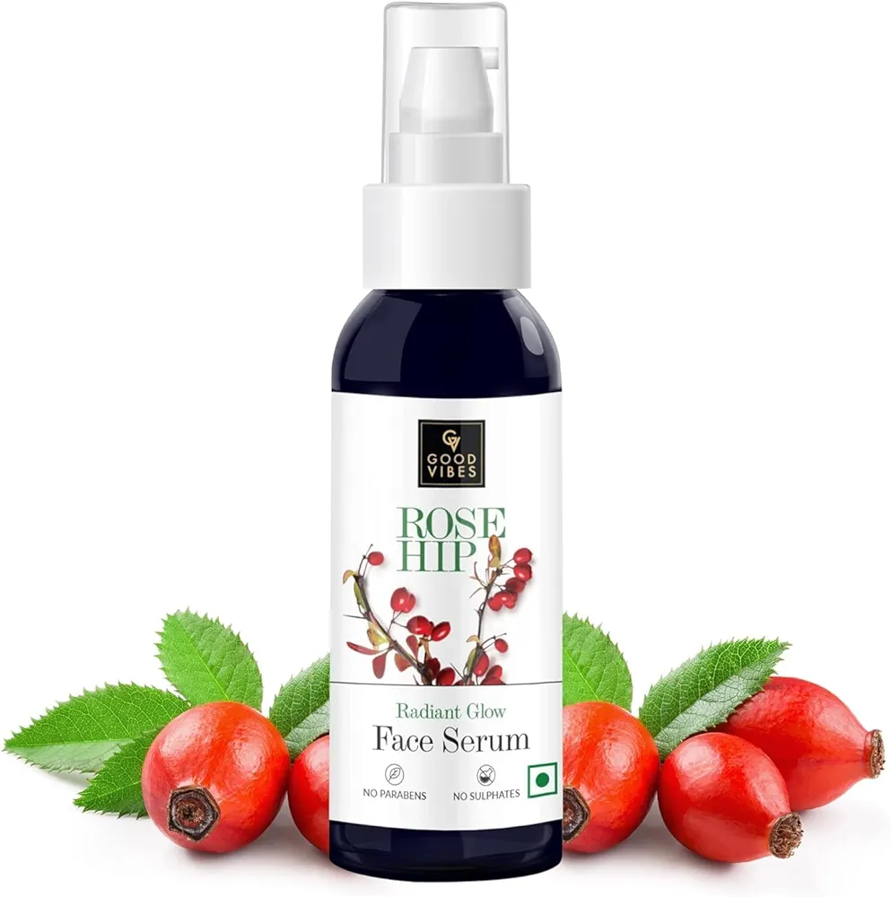 Good Vibes Rosehip Face Serum with Vitamin E | Hydrating Serum for Reducing Dark Circle & Spots | Ideal for Dry & Dehydrated Skin | 1.69 Fl Oz 50ml