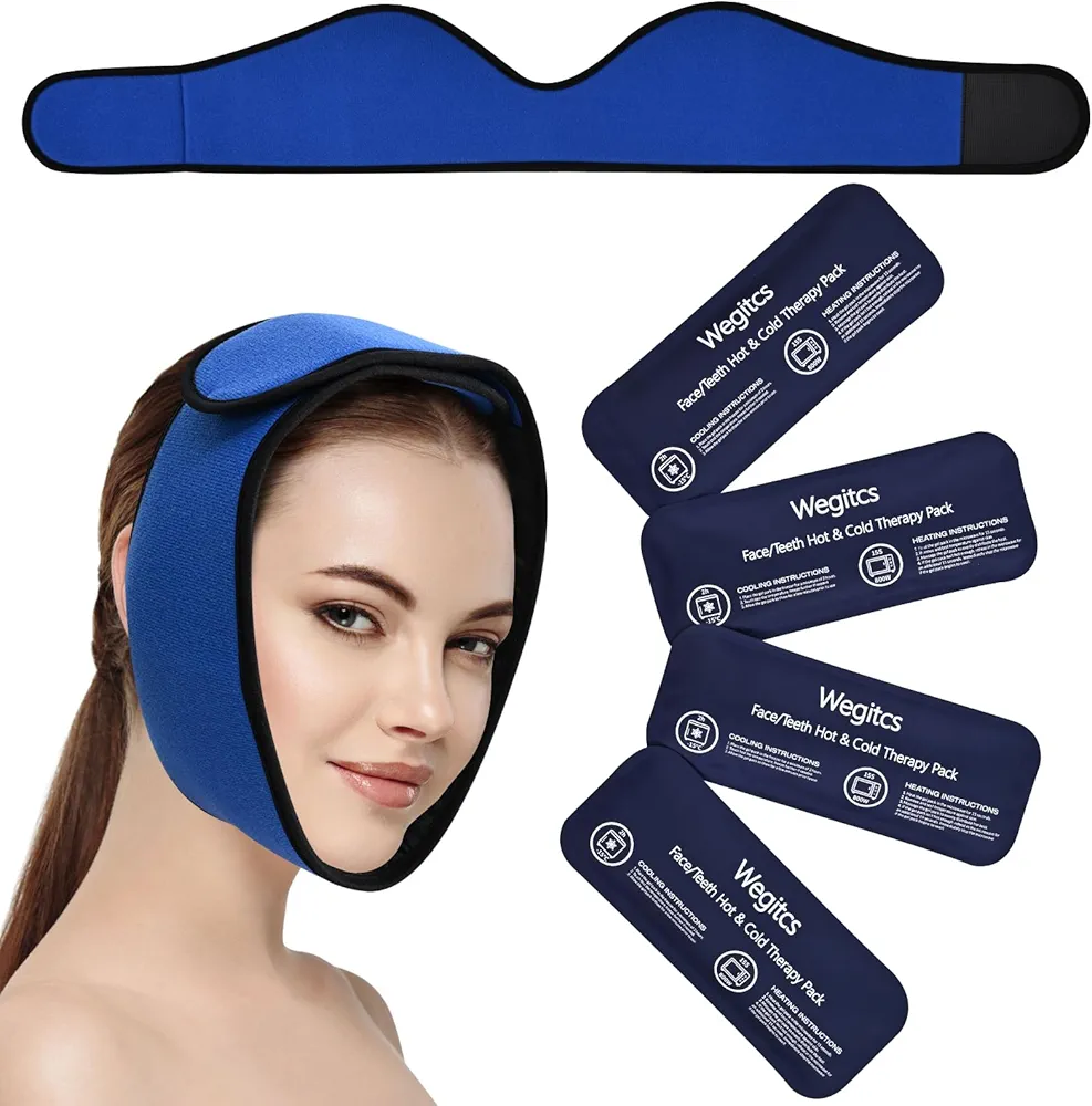 Face Ice Pack Wrap, Adjustable Ice Pack with 4 Reusable Hot Cold Therapy Gel Packs, Pain Relief for Chin, Jaw, Head, Teeth Removed, Dental Implants, TMJ, Blue