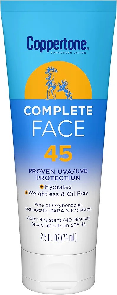 Coppertone Complete Face Sunscreen Lotion SPF 45, Weightless and Oil-Free, Water Resistant Sunscreen with Proven UVA/UVB Protection, 2.5 Fl Oz Tube