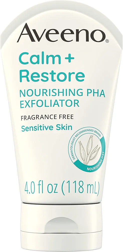 Aveeno Calm + Restore Nourishing PHA Facial Exfoliator Daily for Sensitive Skin, Fragrance-Free & Non-Abrasive Oat Formula to Gently Exfoliate & Cleanse Skin, Hypoallergenic, 4 fl. oz