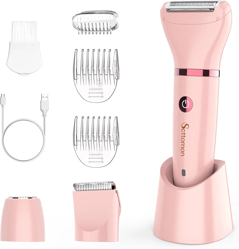 Hair Trimmer, Electric Bikini Trimmer Shaver Razor Set for Women, Waterproof Cordless 3 in 1, Hypo-allergenic Stainless Steel Blades, Rechargeable, Pink