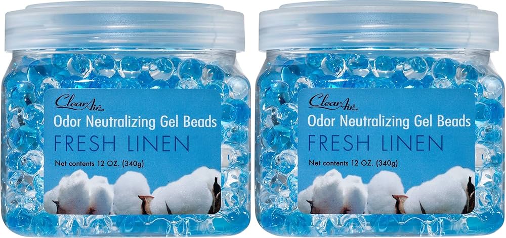 Clear Air Odor Eliminator Gel Beads - 12 oz, Pack of 2 - Air Freshener Made with Essential Oils - Eliminates Odors in Bathrooms, Cars, Boats, RVs & Pet Areas - Fresh Linen Scent