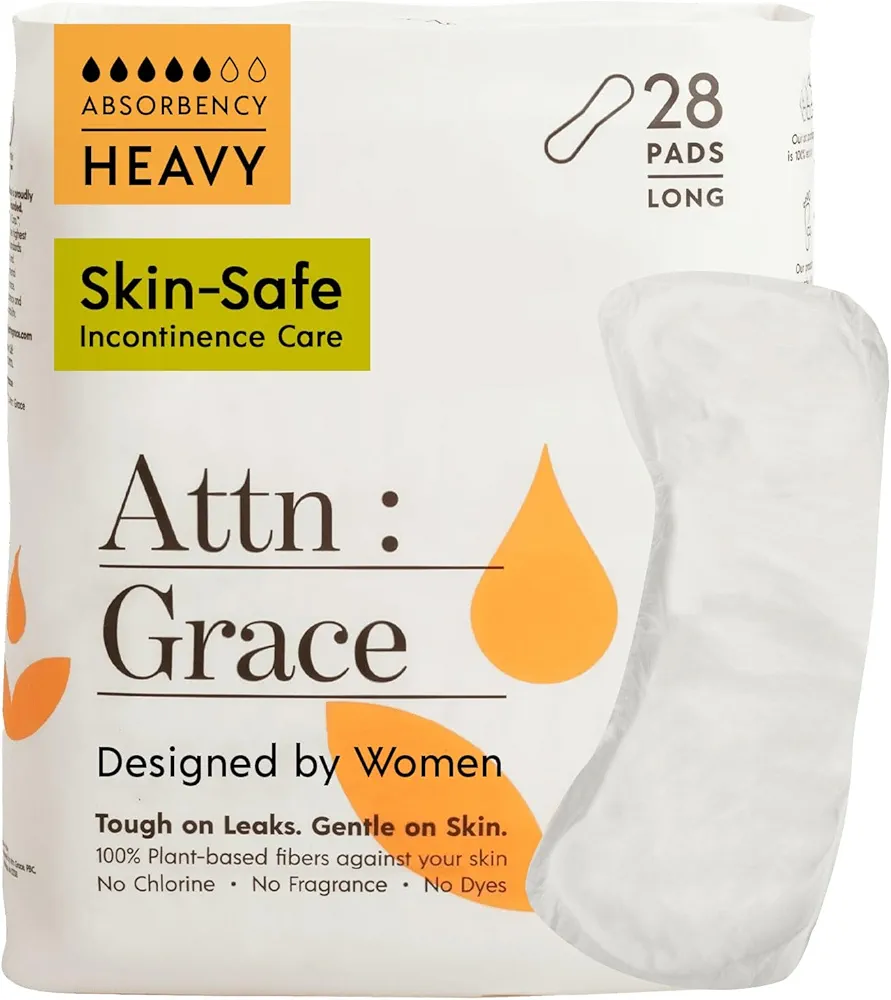 Attn: Grace Heavy Incontinence Pads for Women (28-Pack) - High Absorbency Protection for Heavy Bladder Leaks, Postpartum, or Postpartum/Discreet, 100% Breathable & Plant-Based/Soothes Skin