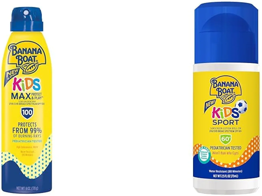 Banana Boat Kids Max Protect & Play Sunscreen Spray SPF 100, 6oz and Sport Sunscreen Roll On Lotion SPF 60, 2.5oz Bundle