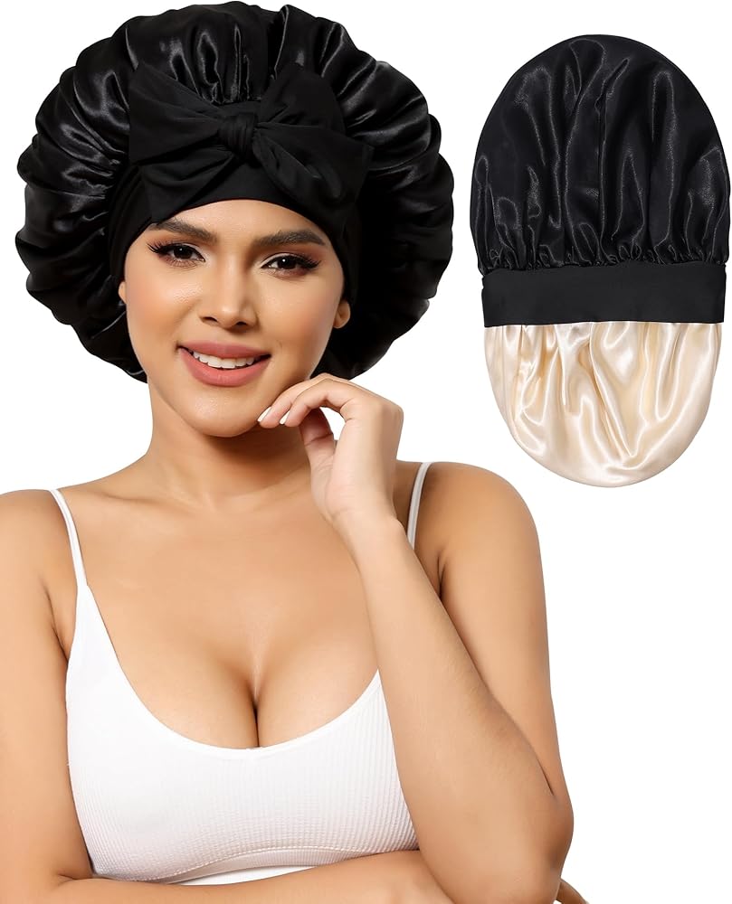 Satin Bonnet for Women Silk Bonnets for Sleeping Curly Hair Bonnet with Tie Band Double Layer Sleep Cap Hair Wrap