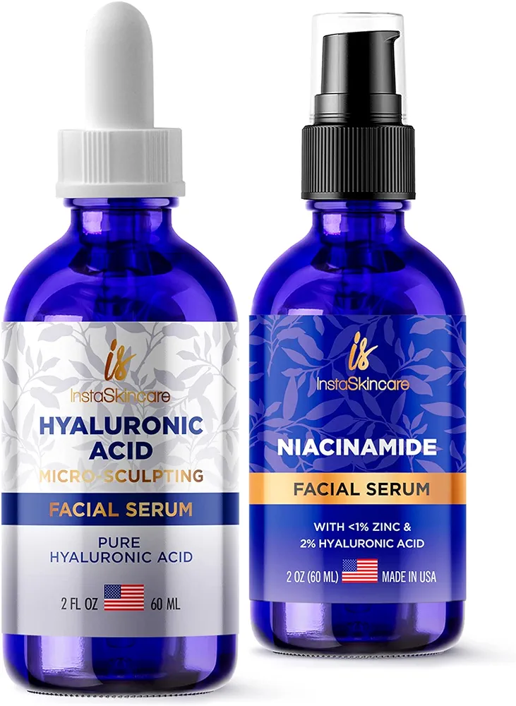 InstaSkincare Anti-Aging Serums Bundle - Hyaluronic Acid Serum for Face 2Oz - Niacinamide Vitamin B3 Facial Serum for Acne Treatment 2Oz