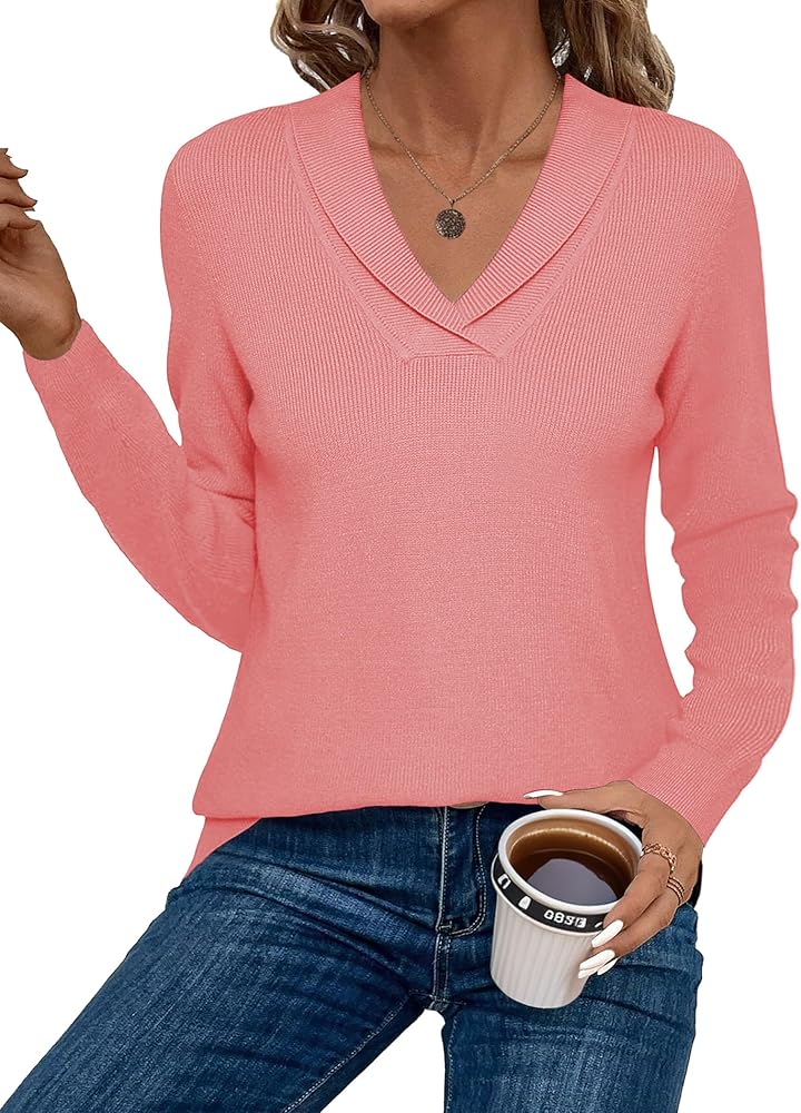 Zeagoo Sweaters for Women Fashion 2024 Fall Long Sleeve Shirts V Neck Collared Knit Pullover Tops Outfits