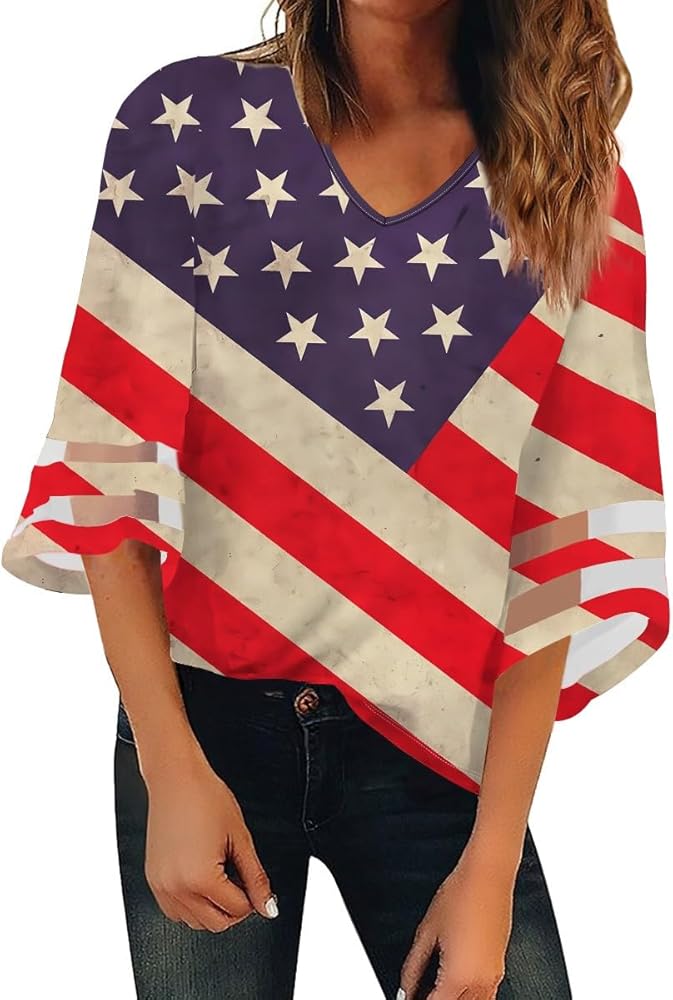 Patriotic Shirts for Women 4th of July 3/4 Sleeve V Neck Tops American Flag Print Blouses Loose Flowy Tees