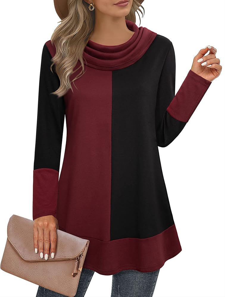 Youtalia Women's Hoodie Sweatshirt Long Sleeve Cowl Neck Pullover Color Block Thin Tunic Top