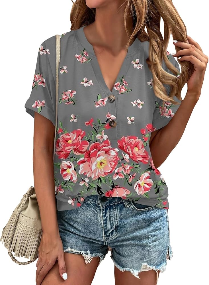 Summer Shirts for Women V-Neck Button Short Sleeve Tops Floral Print Blouses Trendy Graphic Tees