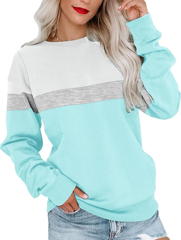 Womens Crew Neck Sweatshirt Colorblock Pullover Tops Casual Splicing Long Sleeve Lightweight Blouse Tee