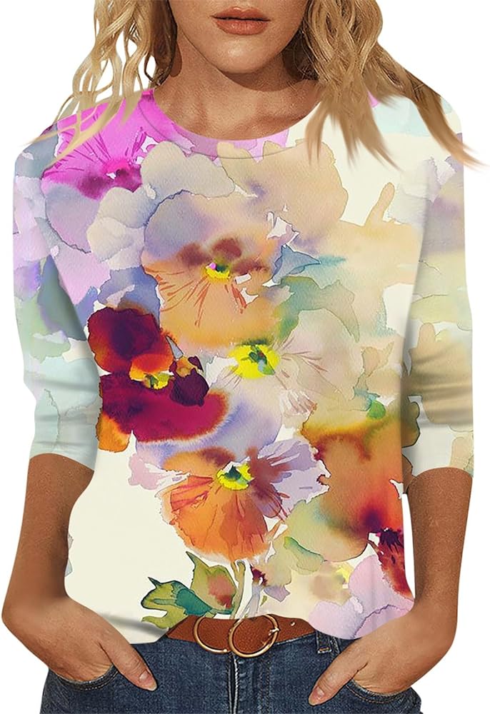 Womens Summer Tops Dressy 3/4 Sleeve Shirts Floral Print Tunic Blouses 2024 Womens Tops Casual Basic Tees