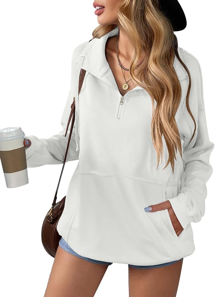 Women's Zip Up Sweatshirt Casual Long Sleeve Lapel Drawstring Oversized Quarter Zipper Pullover Fall Tops for Women