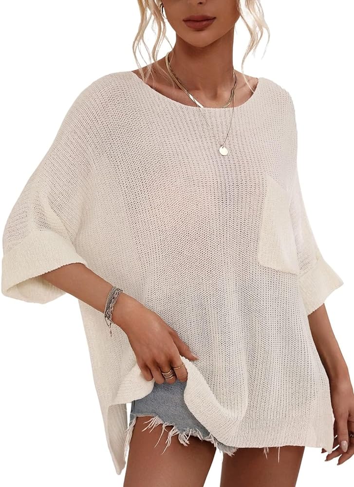 Women's Oversized 3/4 Sleeve Crochet Sweater Top Beach Summer T-Shirt Cottagecore Clothing Aesthetic Sweater Pullover