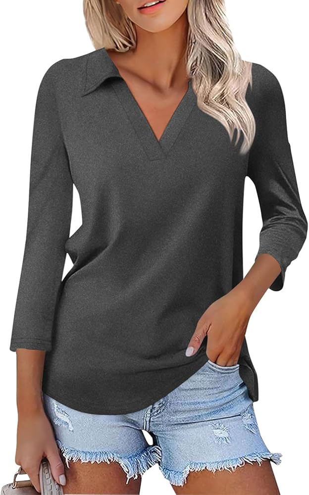 Women's 3/4 Sleeve T Shirts V Neck Solid Color Summer Casual Polo Shirts Collared Casual Basic Tees Blouse