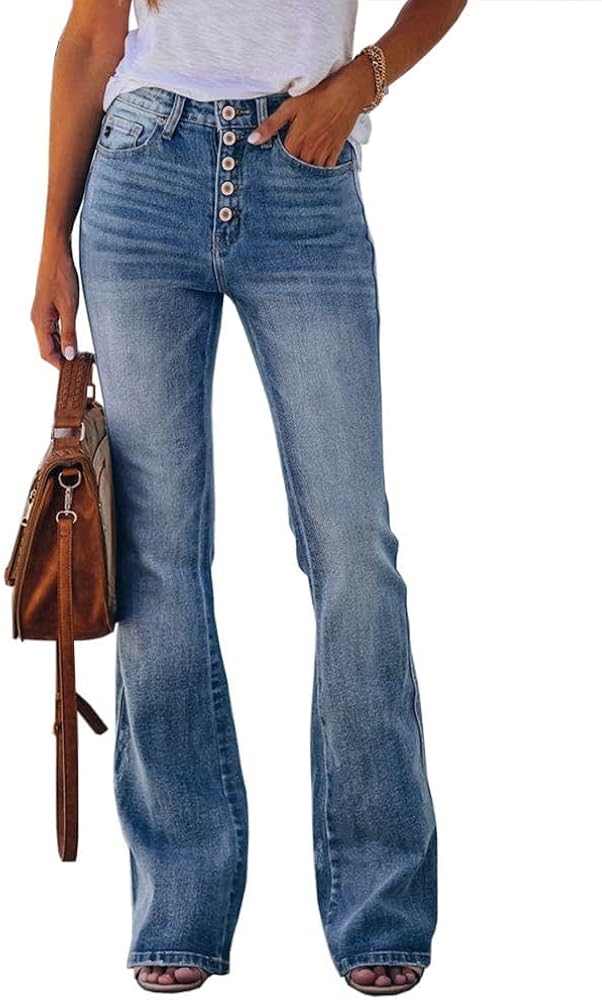 Koinshha Womens High Waisted Jeans Boyfriend Stretch Flare Casual Bootcut Denim Pants