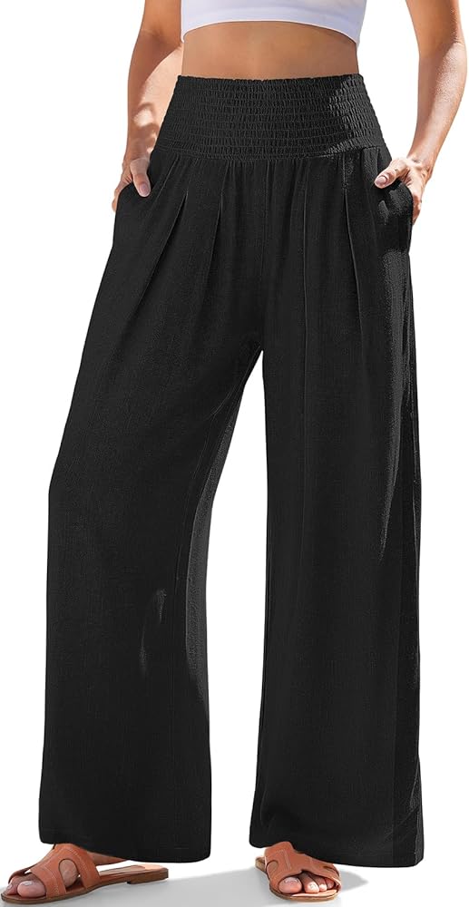 TARSE Womens Linen Palazzo Pants Boho High Waisted Wide Leg Casual Lounge Pant Trousers with Pockets- 19"/28" Inseam