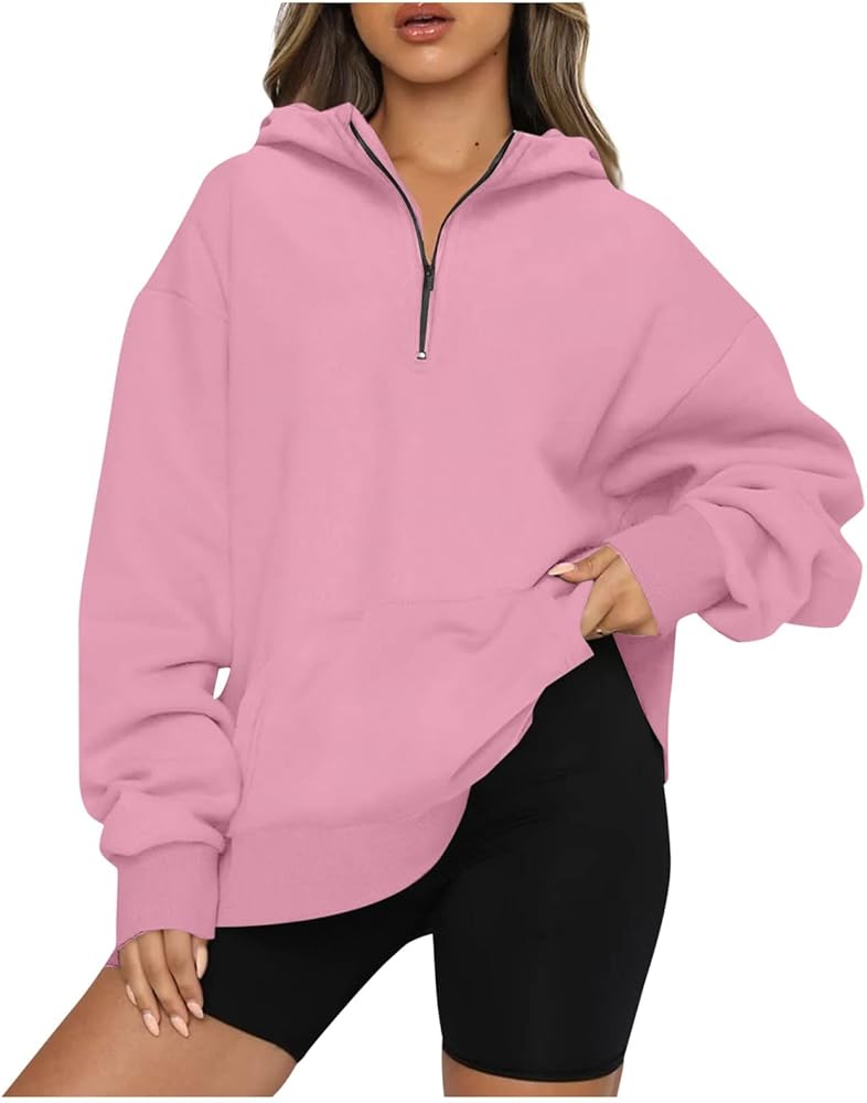 Fall Fashion for Women 2023 Oversized 1/4 Zip Pullover Tops Long Sleeve Casual Y2k Hoodie Sweater Cute Crewneck Sweatshirts Y2k Women Clothing Trendy Hoodies For Women Aesthetic(C Pink,3X-Large)