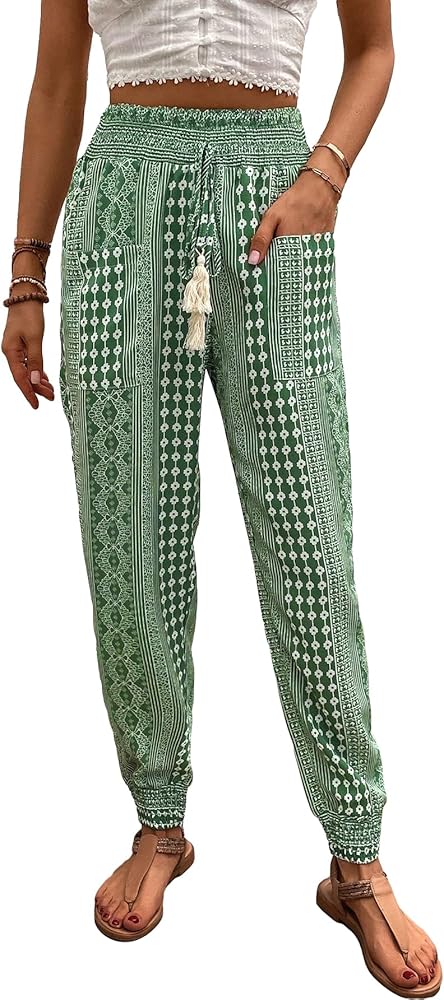 Verdusa Women's Tassel Tie Front Paperbag Waist Harem Pants Boho Trousers