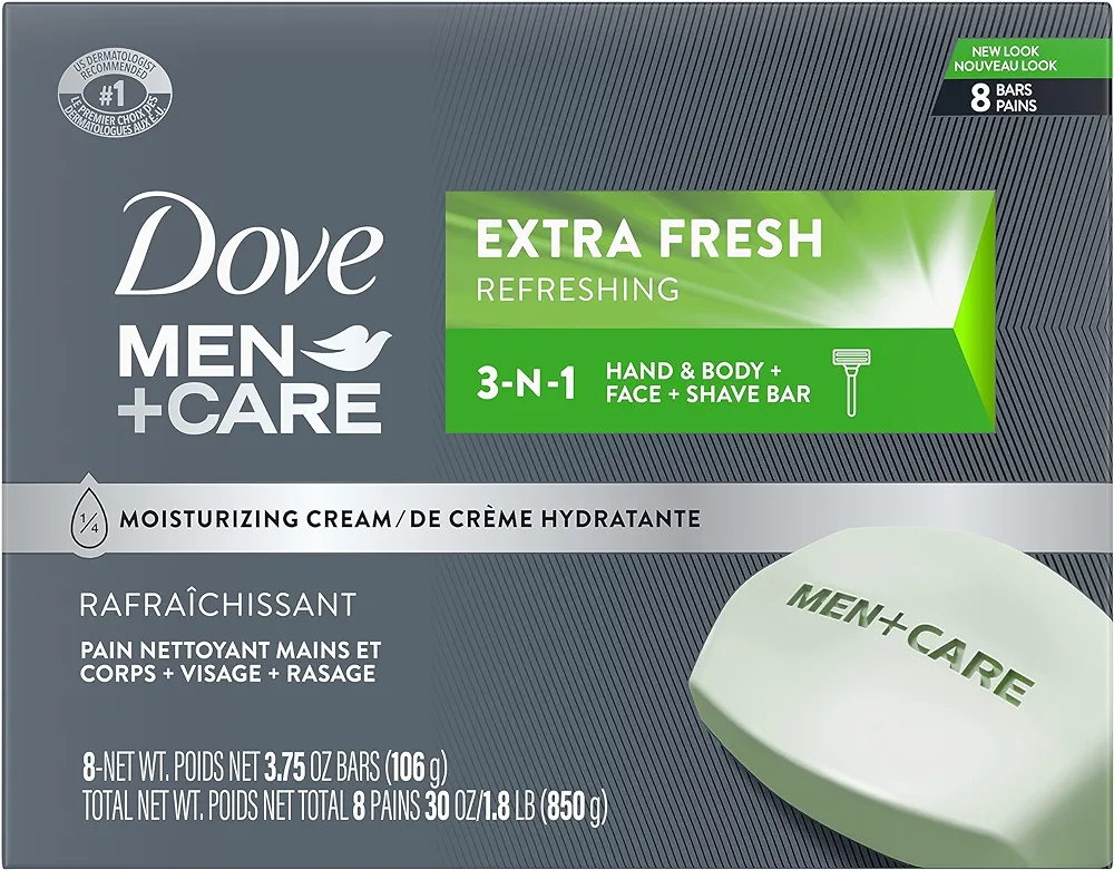 DOVE MEN + CARE 3 in 1 Bar Cleanser for Body, Face, and Shaving Extra Fresh Body and Facial Cleanser More Moisturizing Than Bar Soap to Clean and Hydrate Skin 3.75 Ounce (Pack of 8)