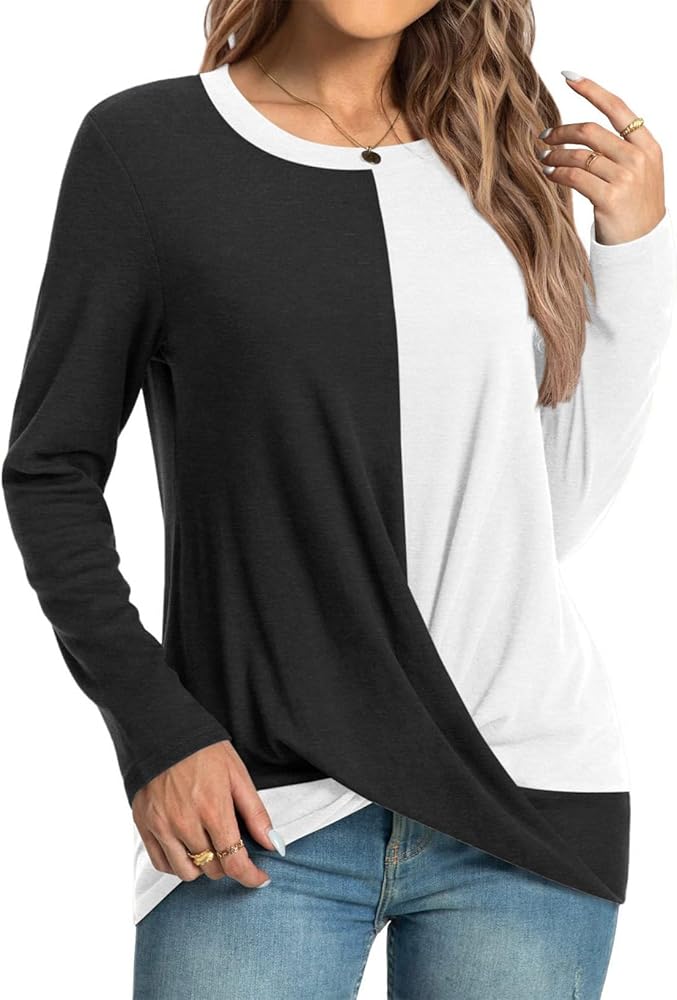 Dokotoo Women Tops 2024 Long Sleeve Tunic Tops Casual Crewneck T-Shirts Trendy Front Twist Top Blouses Fitted Basic Tee