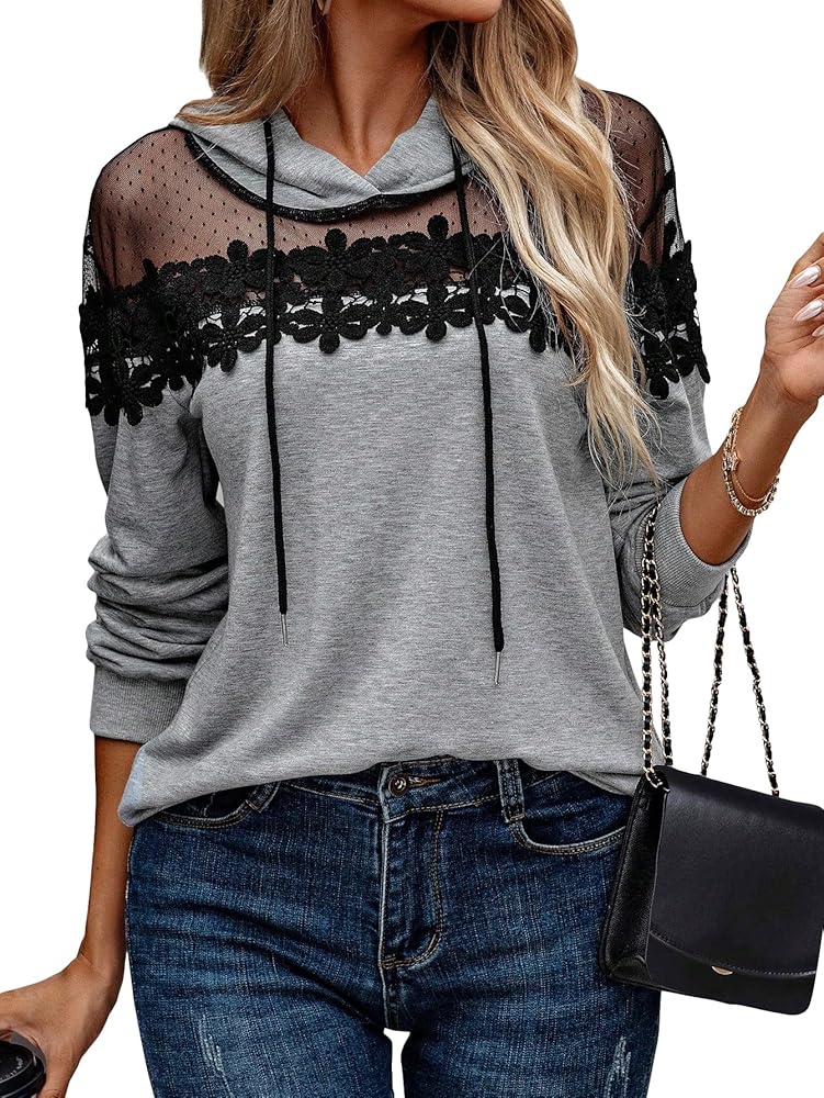 SweatyRocks Women's Sheer Mesh Long Sleeve Drawstring Hoodie Floral Lace Pullover Sweatshirt