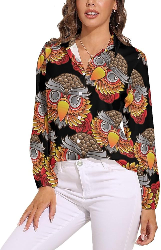 Vintage Owl Head Women's Long-Sleeve Shirt Button Down Tees Blouse Vintage Casual Tops