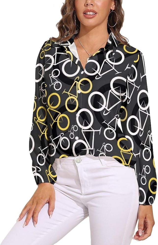 Bike Bicycles Pattern Women's Long-Sleeve Shirt Button Down Tees Blouse Vintage Casual Tops