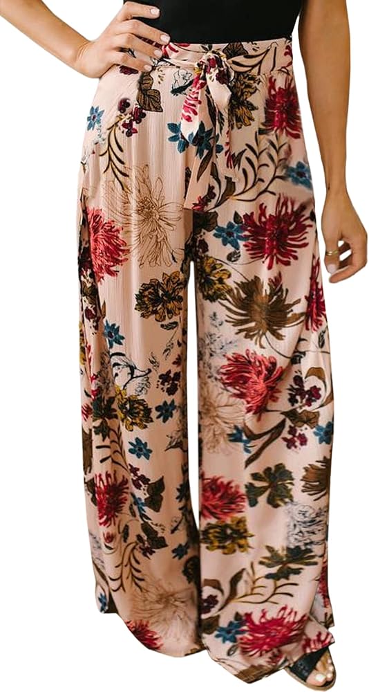 ECOWISH Wide Leg Pants for Women Summer 2024 Palazzo Tropical Floral Casual High Waist Flared Trousers with Pockets