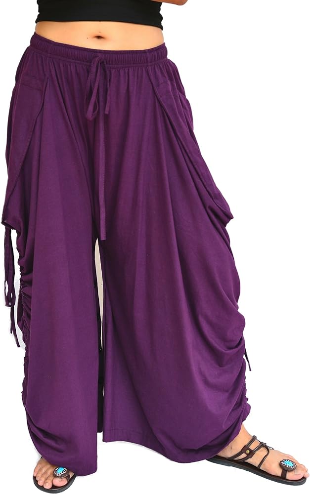 Women's Harem Pants Palazzo Dhoti Pants Lounge Trousers, Convertible to a Skirt 2 Pockets Cotton