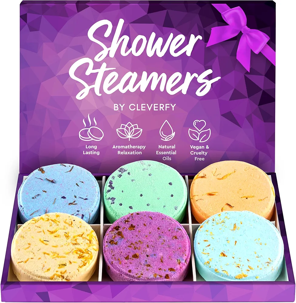 Cleverfy Shower Steamers Aromatherapy - Variety Pack of 6 Shower Bombs with Essential Oils. Personal Care and Relaxation Birthday Gifts for Women and Men. Purple Set