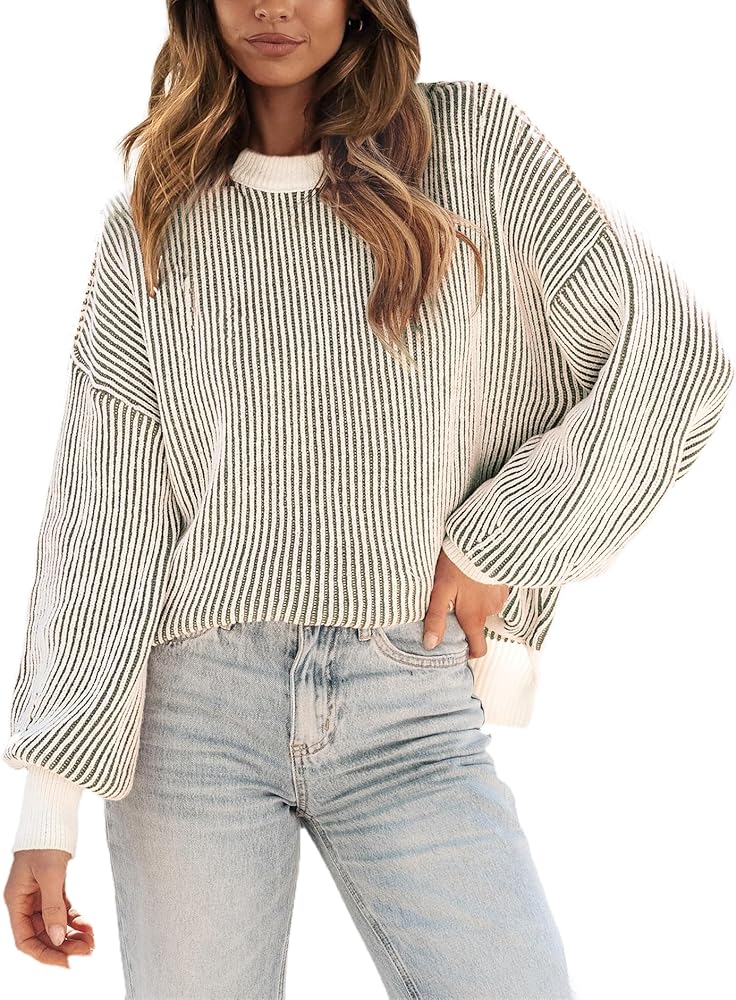 lvatr Chenille Sweater for Women 2024 Spring Casual Striped Pullover Long Sleeve Color Block Knit Top Jumpers