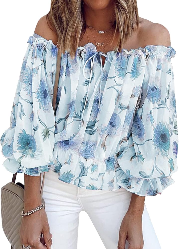 BLENCOT Summer Sexy Off Shoulder Tops for Women Boho Ruffle Sleeve Floral Chiffon Shirts Blouses