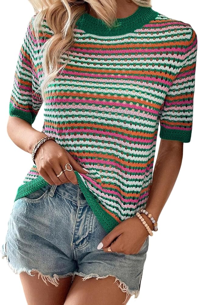 MARZXIN Womens Short Sleeve Sweater Round Neck Casual Dark Green Striped Pattern Contrast Trim Pointelle Knit T Shirt