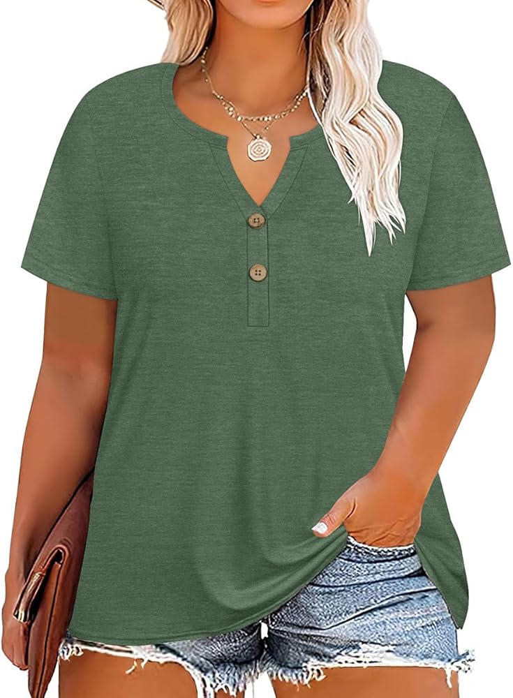 RITERA Plus Size Tops for Women V Neck Button Up Short Sleeve Henley Tshirt Casual Blouse Pullover Basic 12W 14W XL-5XL