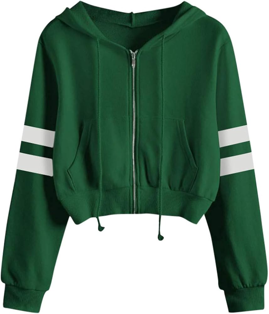 Women's Casual Drawstring Zip Up Crop Top Hoodies Long Sleeve Hooded Cropped Sweatshirts Jackets Shirts Tops, green, Small