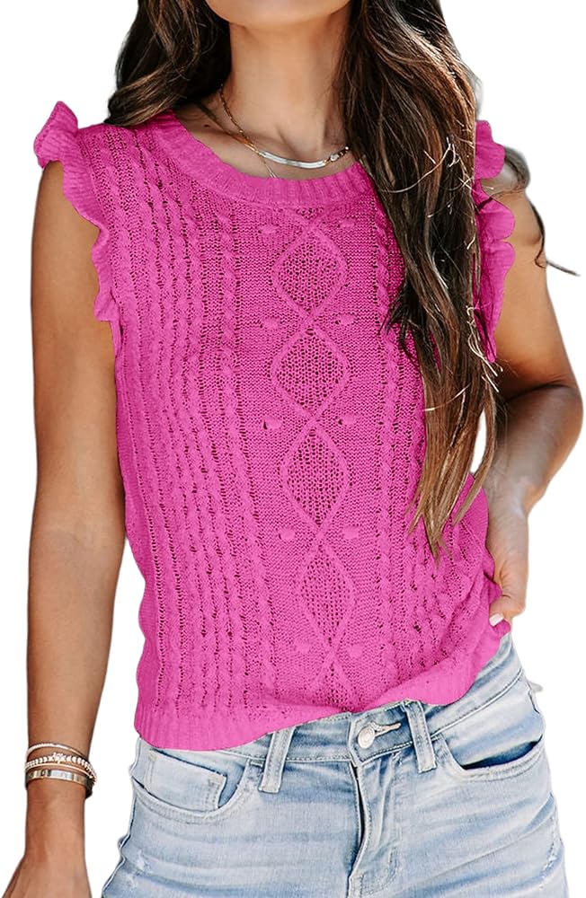 XuBa Women's Ruffle Sweater Vest Crew Neck Sleeveless Sweater Knitted Tank Top